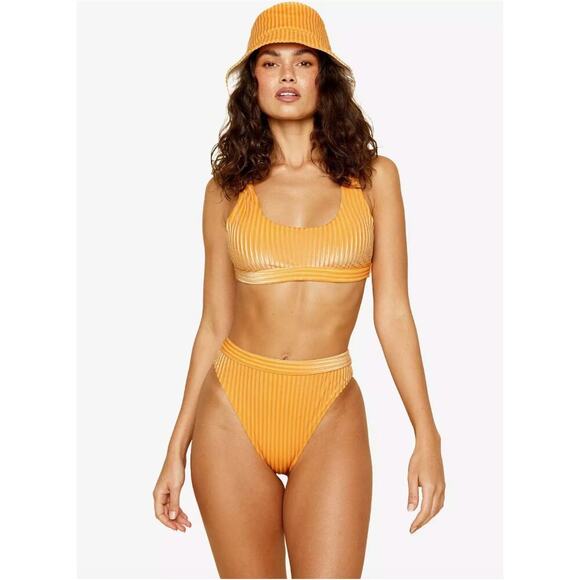Dippin' Daisy's Orange Ultra High Waisted Velvet Ribbed Cheeky Swim Bikini - Picture 1 of 6